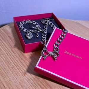 Juicy Couture Silver-Tone Bow & Heart Charm Necklace and Bracelet Set